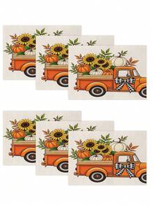 4 piezas/6 piezas/60 piezas Manteles decorativos de otoño, calabaza, girasol, hoja, coche, lazo, manteles de lino con letras, manteles resistentes a la suciedad, adecuados para el hogar, restaurante, decoración de mesa de comedor, artículos para el hogar - Multicolor - Ver 17