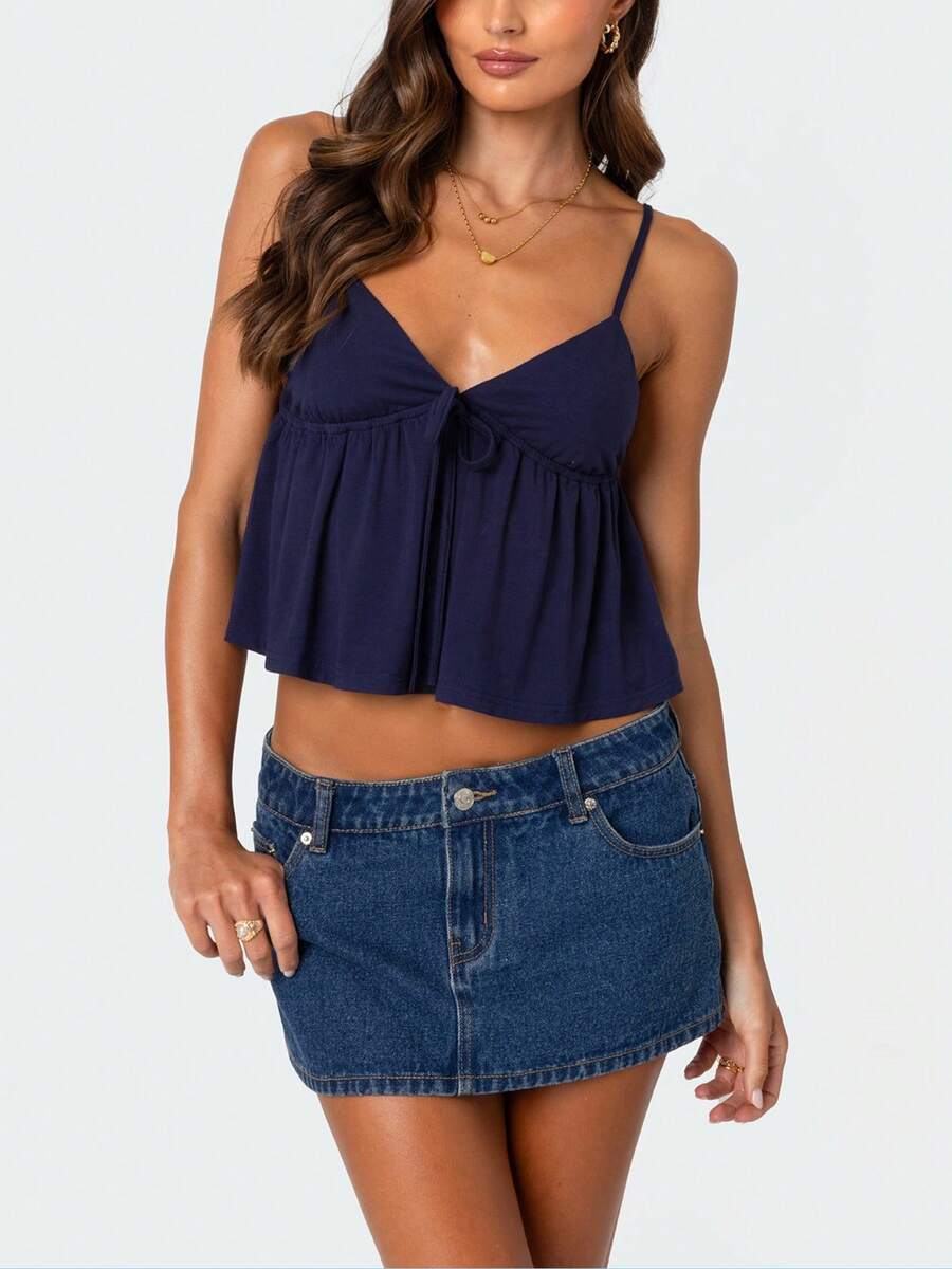 Womens V-Neck Babydoll Tank Top Summer Front Tie Crop Tops Solid Color Slim Camisole Spaghetti Strap Cami Tops Casaul Open Back Blouse For Streetwear Going Out Outfit - 藏蓝色 - 查看 1