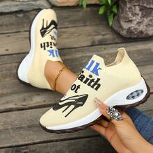 Women's Breathable Knitted Mid-Top Sports Shoes, Equipped With Air-Cushioned EVA Soles, Eye-Catching "Walk By Faith" Pattern Prints And Color Decorations - All-Season Casual Shoes Suitable For Casual Outfits.