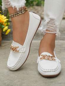 女士春季新款金链优雅一脚蹬乐福鞋，轻便舒适百搭橡胶平底鞋 - 白色-鏈條 - 查看 5