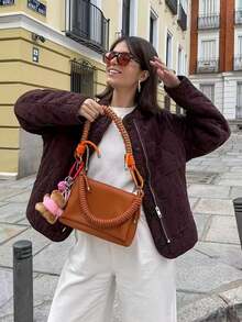 Women's Wine Red Quilted Padded Jacket Loose Fit Casual Zip Front Round Neck With Pockets Coat Fall Winter - Burgundy - View 9