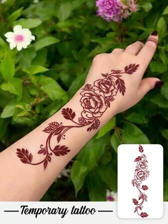 1pc Waterproof & Sweat-Proof Temporary Tattoo Sticker, Red Rose Floral Vine Design, Fashionable Hand & Nail Fake Tattoo - Temporary Tattoo - Suitable For Birthday, Wedding, Party Decoration