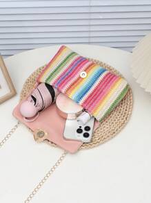 1pc Rainbow Striped Shoulder Bag, Summer Beach Bag, Outdoor Shoulder Bag, Chain Strap Square Woven Crossbody Bag, Colorful Bag, Casual Beach Bag For Women, Large Capacity