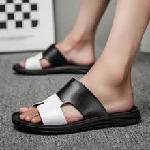 全新夏季男士休闲户外度假沙滩时尚个性平底凉鞋 - 白黑色 - 查看 4