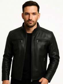Men's Slim Lined Leather Jacket - 黑色 - 查看 6