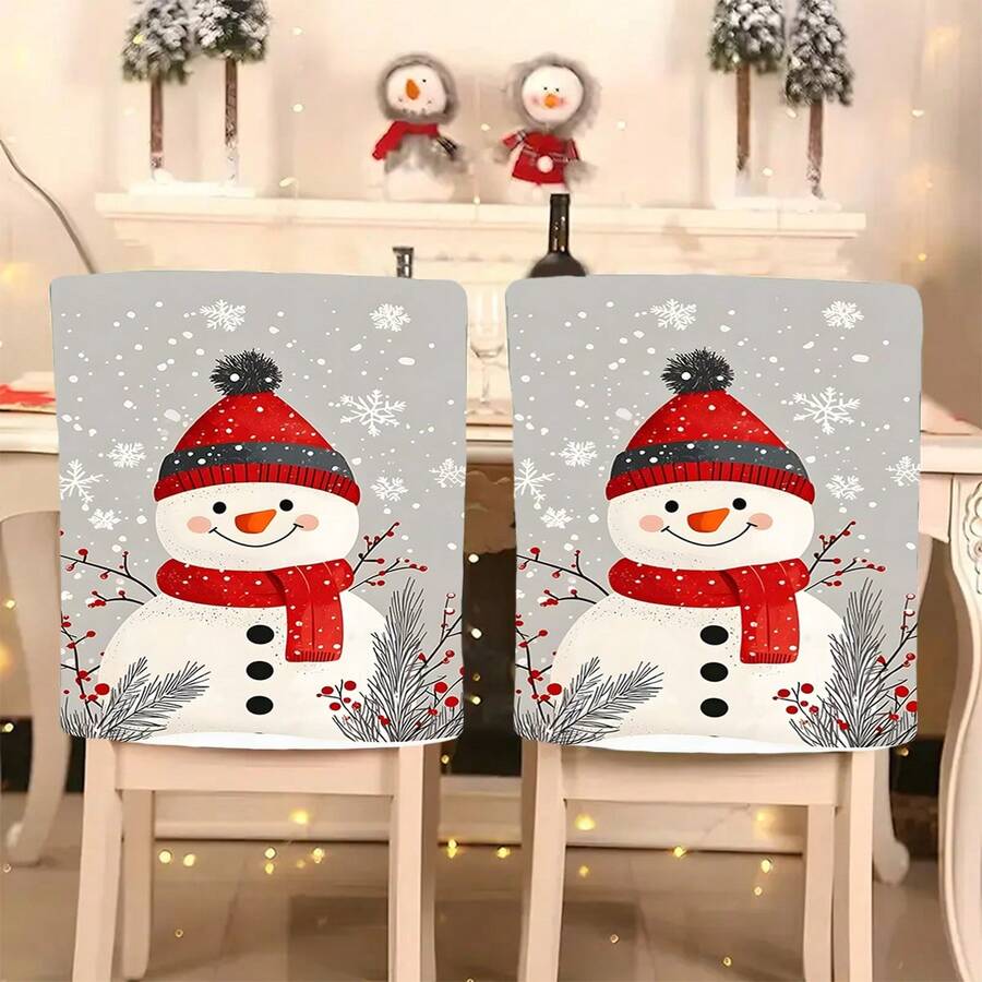 1pc/4pcs/6pcs/10pcs Christmas Series, Snowman & Snowflake Print Plush Chair Cover, Removable Short Plush Material Chair Slipcover, Chair Back Protector, Suitable For All Seasons, Holiday Decor Chair Cover For Dining Room, Living Room, Home, With Back Protection, Fit For Dining Room, Office, Living Room, Hotel And Home Decor - ZYBT-182 - View 1