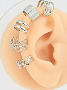5 Pieces Of Women's Fashionable And High-End Jewelry With Adjustable Earrings Without Ear Holes, Non Piercing Cartilage Clip Earrings, Ear Studs, Male Ear Clips Wrapped Around Ears, Jewelry Set - Silver - View 3