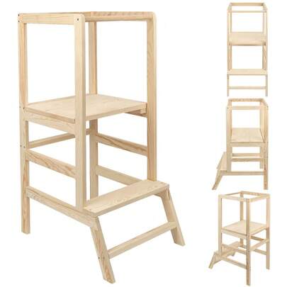 Lernturm aus 18 Monaten - Lernstuhl für Kinder aus Bambus - mit Neigungsschutz, Rutschmatten, 2 Stufen und Sicherheitsbar - für Badezimmer, Kleinkindzimmer, Küche - Bambusfarbe