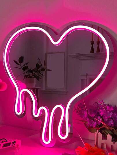 Silver Mirror LED Neon USB Powered Melting Heart Art Mirror: Suitable For Home Decor, Studio, Salon, Tattoo Shop, Decorative Art, Birthday Gift