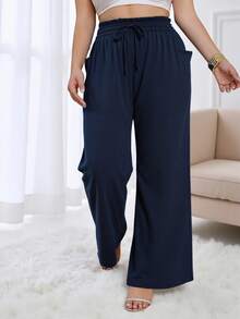 Plus Size High Waisted Wide Leg Pants For Women - Navy Blue Flowy Drawstring Pants With Side Pockets, Comfortable Wrinkle-Resistant For Fall Winter Lounge & Vacation - Navy Blue - View 3
