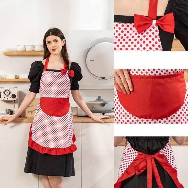 1 pieza Delantal retro hecho a mano de poliéster para mujeres/niñas, delantal de chef de cocina para pasteles, regalo para la madre (Lunares rojos/Lunares negros)