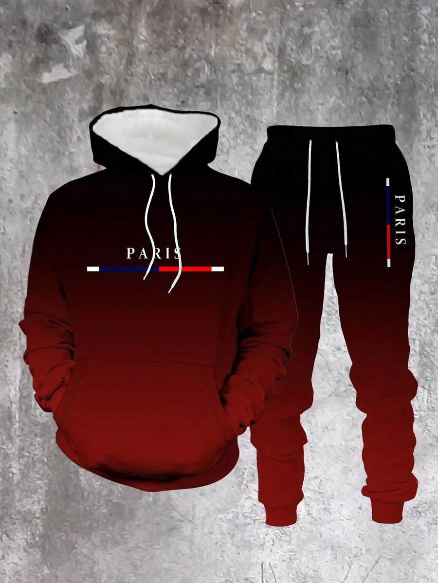 Autumn And Winter Black And Red Gradual Color Change 2026 Hot Selling Men's Street Fashion Hoodie Set - Đỏ - Xem 1