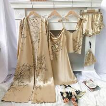 Women's 5-Piece Printed Pajama Set - Elegant All-Season Pajamas, Including Long-Sleeved Tunic Robe, V-Neck Camisole Dress, Camisole, Shorts, Storage Bag, Soft, Skin-Friendly Pajamas And Loungewear Pajama Sets For All Seasons - 香檳色 - 查看 4