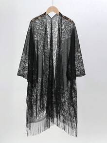 1pc Solid Color Lace Hollow Out Tassel Shawl Scarf Wrap For Women, Versatile For Dress - Multicolor - View 1