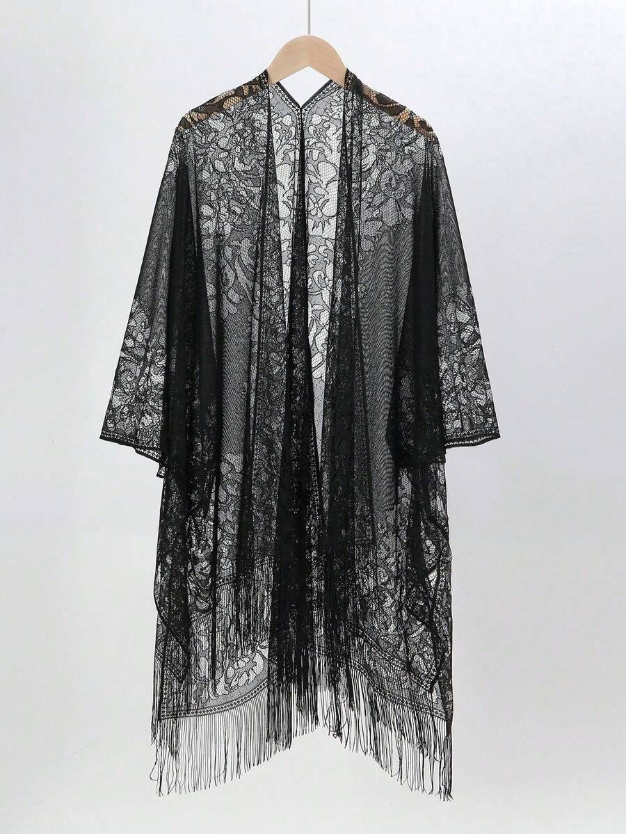 1pc Solid Color Lace Hollow Out Tassel Shawl Scarf Wrap For Women, Versatile For Dress - Multicolor - View 1