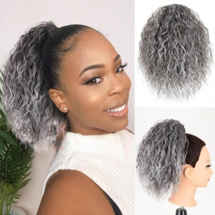 MLoose Curls Drawstring Ponytail Extension For 12" Fake Hair Bun Lightweight Fluffy Updo Synthetic Ponytail Hair Pieces For Thinning Hair Grey Curly Clip In Ponytail Grey Mixed Black 8001 - Xám - Xem 1