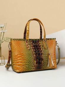 Classic Elegant Women's Bag Set,Fashionable Large Capacityr Bag Single Shoulder Bag,Crocodile Pattern Tote Bag,Light Luxury High-End Real Texture Crocodile Pattern Handbag - 6#黃+棕 - 查看 3