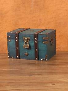 1 件大号复古绿色木制珠宝盒，欧式方形木盒储物盒道具带锁，工艺装饰