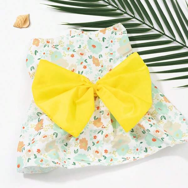 1 pieza Vestido de mascota con estampado vibrante de flores y frutas, adecuado para perros y gatos pequeños - Vestido de princesa de tela suave y transpirable con detalle de lazo - Ideal para primavera/verano - Disponible en rojo, amarillo, naranja, azul claro, verde azulado, rosa oscuro, ropa para perros y gatos