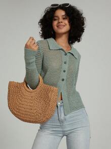 Se-Hore Mode Décontractée Cardigan Tricoté à Col Polo Manches Longues Ajouré, Polyvalent Pour Trajets Quotidiens/Rétro Américain/Loisirs Confortables, Automne