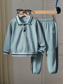 Toddler Boys Fresh Blue Outfit - Half-Open Collar Long Sleeve Polo Shirt + Contrast Trim Jogger Pants, Fashionable & Energetic Set Suitable For Spring/Autumn School, Outdoor, Casual Wear