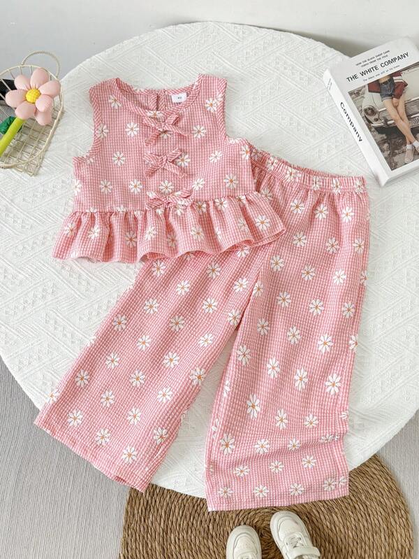 Set de 2 piezas de top y pantalones de niña con estampado de cuadros y flores de margarita, para verano