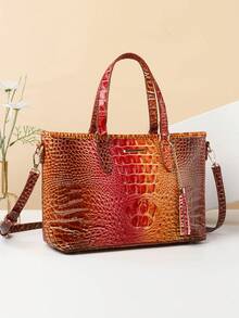 Classic Elegant Women's Bag Set,Fashionable Large Capacityr Bag Single Shoulder Bag,Crocodile Pattern Tote Bag,Light Luxury High-End Real Texture Crocodile Pattern Handbag - 3#橘子+紅 - 查看 3