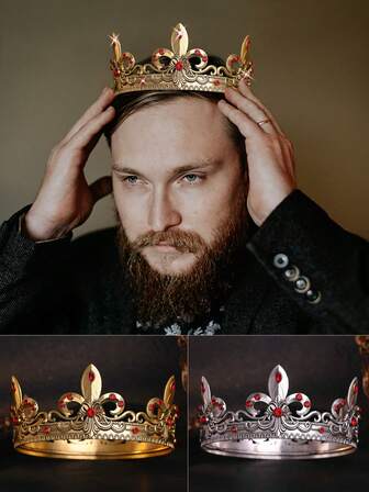 金色/银色国王皇冠男士王子头饰皇家中世纪头饰适用于角色扮演生日舞会万圣节服装配饰