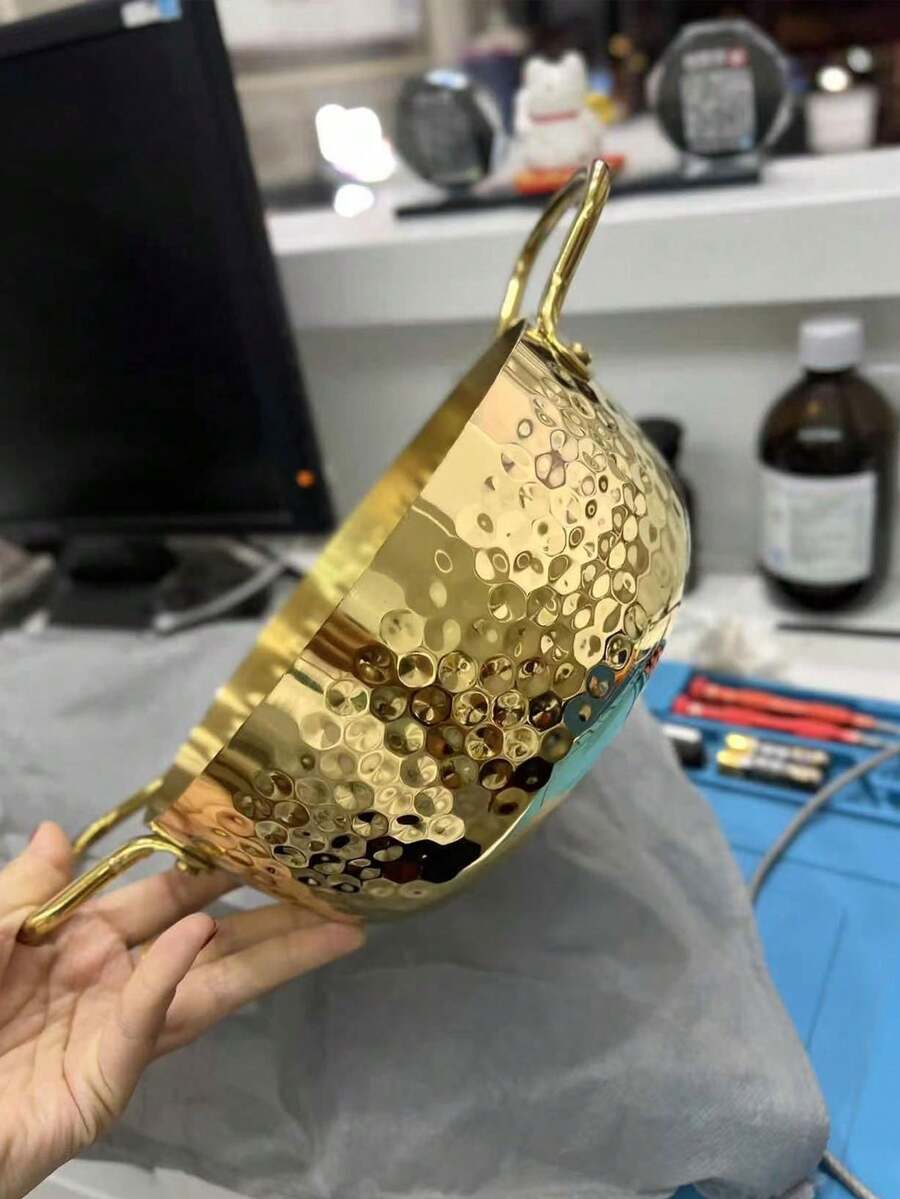 1pc Golden Hammered Stainless Steel Ramen Pot, Korean Instant Noodle Pot, Golden Hammered Hot Pot, Viral Dual-Ear Soup Pot, Seafood Pot, Extra Thick Stainless Steel Ramen Pot, Korean Instant Noodle Pot, Golden Hammered Hot Pot, Viral Dual-Ear Soup Pot, Seafood Pot - Golden - View 1