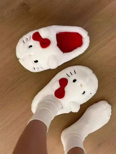 Sanrio Sanrio 1 Pair Of Kitty Plush Slippers - Cartoon Character Design, Soft Flannel Fabric And Lining, Non-Slip TPR Sole, Warm And Comfortable House Shoes, Cute Birthday Gift, Romantic Valentine's Day Gift.