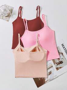 3pcs Women Solid Color Ribbed Camisole With Padded Bra, Casual Sexy Cropped Tank Top - Multicolor - View 3