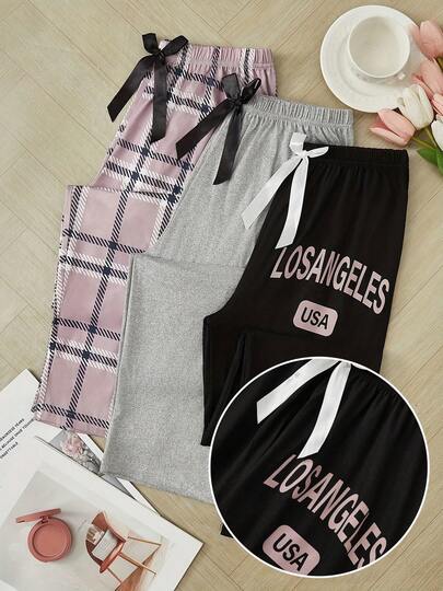 三件套女士加大码休闲睡裤，字母格子印花蝴蝶结装饰松紧腰休闲裤，秋冬服装