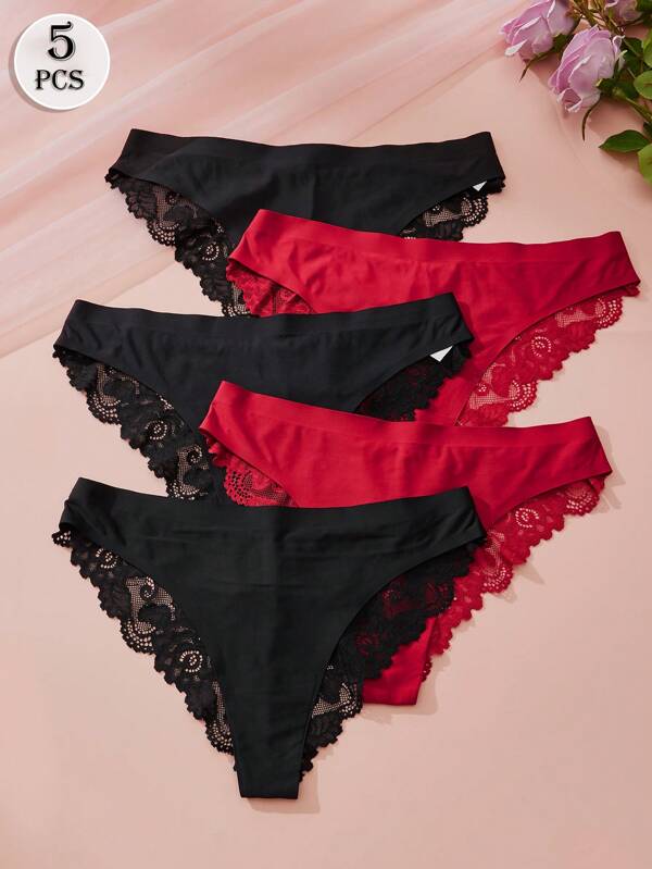 Calças triangulares femininas de cintura baixa e renda sensual com 5 peças, charmosas e elegantes, retrô, românticas e confortáveis, casuais, leves e macias, para quatro estações, presente para casa/exterior