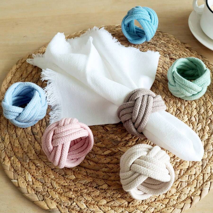 6pcs/Set Handmade Woven Flower Shaped Napkin Rings, 1.57*1.97inch (4*5cm) Thick Rope Woven Napkin Rings, Farmhouse Napkin Rings For Thanksgiving, Birthday Party, Wedding Table Decor