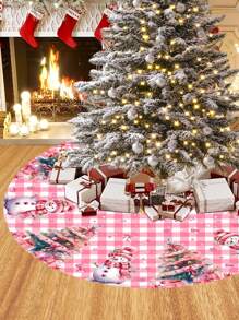 Christmas Tree Skirt, Pink Plaid Background With Warm Snowman Pattern And Christmas Tree Design, Christmas Party Decor Fabric, Christmas Tree Decoration