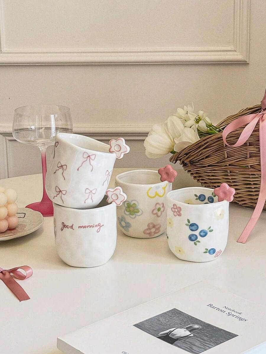 1pc/4pcs Ceramic Hand Grip Coffee Mugs, Floral Hand Grip Cups, High-Quality Espresso Cups, Office Latte Cups, Small & Cute, Hand Grip, Suitable For Arabic Coffee, Cappuccino, Dessert Cups, Gift