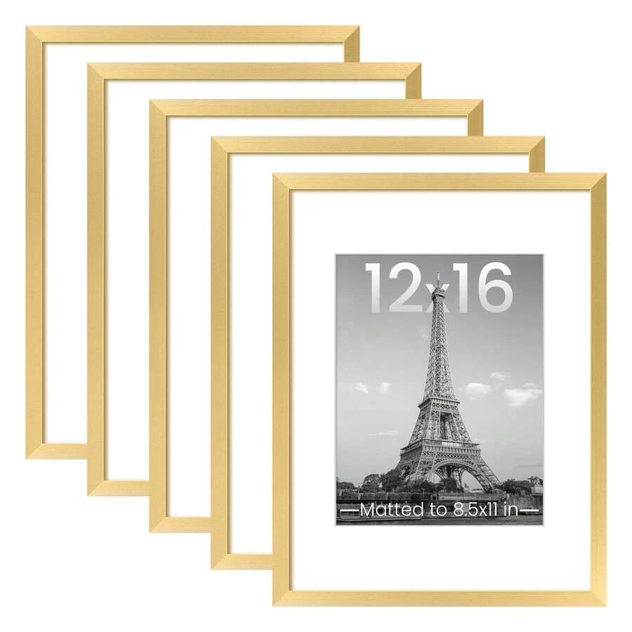 Gold Picture Frame Set Of 5, Display Pictures 8.5x11 With Mat Or 12x16 Without, Multi Photo Frames Collage For Wall Display - Gold - View 1