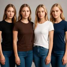 Kit 4 Basic Plain Women's T-Shirts Baby Look 100% Premium Cotton - NEGRO+MARRÓN+BLANCO+AZUL - Ver 2