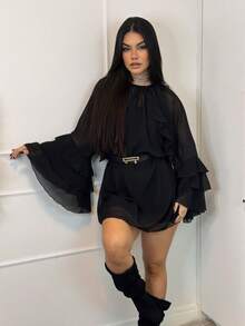 BOHO DRESS, CREPE CHIFFOM FABRIC, THE DRESS IS A PERFECT CHOICE FOR A LIGHT, ROMANTIC LOOK, IT MATCHES PERFECTLY WITH THE BOHEMIAN STYLE THAT VALUES FLUIDITY AND COMFORT. - 黑色 - 查看 2