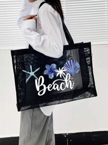 1pc/2pcs Set Breathable Beach Mesh Tote Bag, Beach Vacation Patchwork Design, Ocean, Starfish, Pearl Print & Letter Pattern, Large Capacity Mesh Tote Bag, Multifunctional Large Capacity Polyester Mesh Shoulder Tote Bag And Cosmetic Bag Set - Beach Vacation Storage & Shopping - Suitable For Teenage Girls And Women - Black - View 2
