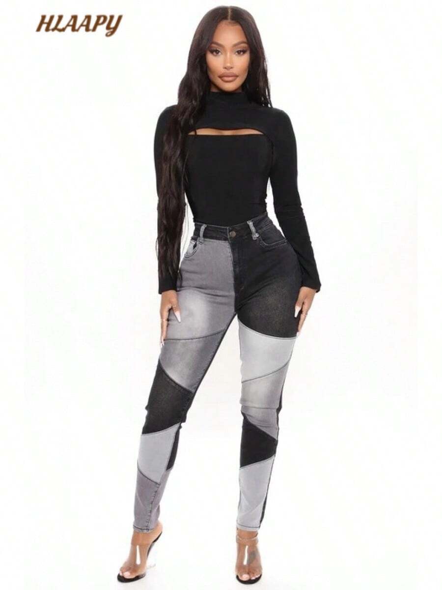 Women High Waist Patchwork Jeans Stretchy Denim Pants - 黑色 - 查看 1