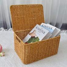 1 pieza Cesta de almacenamiento tejida de ratán, caja organizadora para el hogar, contenedor de almacenamiento de ropa, almacenamiento de aperitivos y juguetes para la sala de estar, apta para la sala de estar, el dormitorio y la cocina - Beis - Ver 3