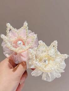 1pc Pink Hairpin Children's Pearl Crown Headband For Girls' Birthday First Birthday Hair Accessory Princess Top Hair Clip Net Fabric Hair Accessory