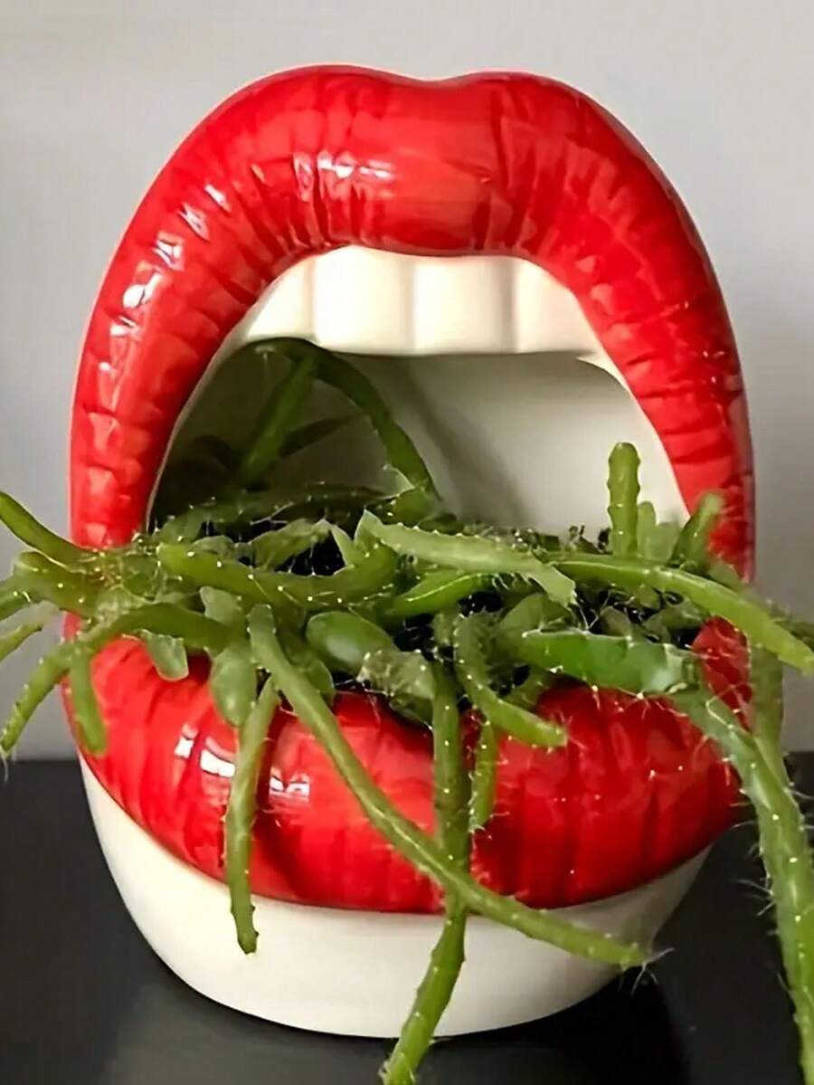 装饰性树脂红唇形花瓶 - 多功能 1 件，可容纳多肉植物、仙人掌或作为独特的烟灰缸 - 现代家居和客厅装饰 - 彩色 - 查看 1