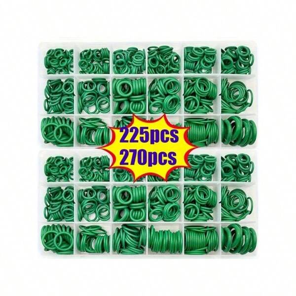[Gestion de junta tórica de alta calidad] Junta tónica de goma de 225 piezas/pieza Kit de anillos de sellado de sistema de aire acondicionado automotriz de 18 tamaños con combinación de juntas universales, negro y verde