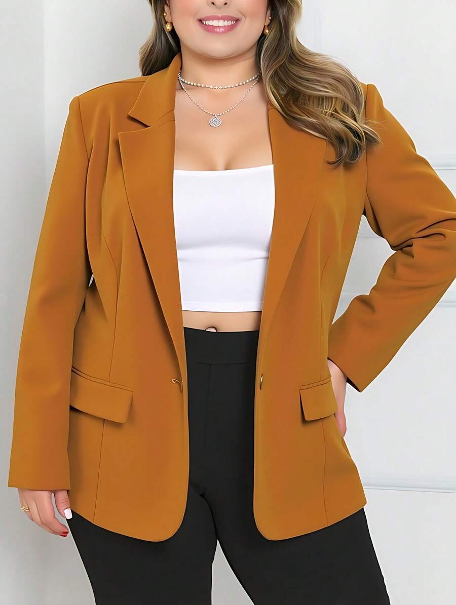Zalla Women's Plus Size Blazer With Flap Pockets And Front Closure – Elegant Tailoring - 駝色 - 查看 1