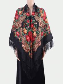 1pc Women's Autumn/Winter Bohemian Style Printed Square Scarf, Large Size Tassel Shawl Wrap Handkerchief, Multi-Scenario Use - Multicolor - View 12