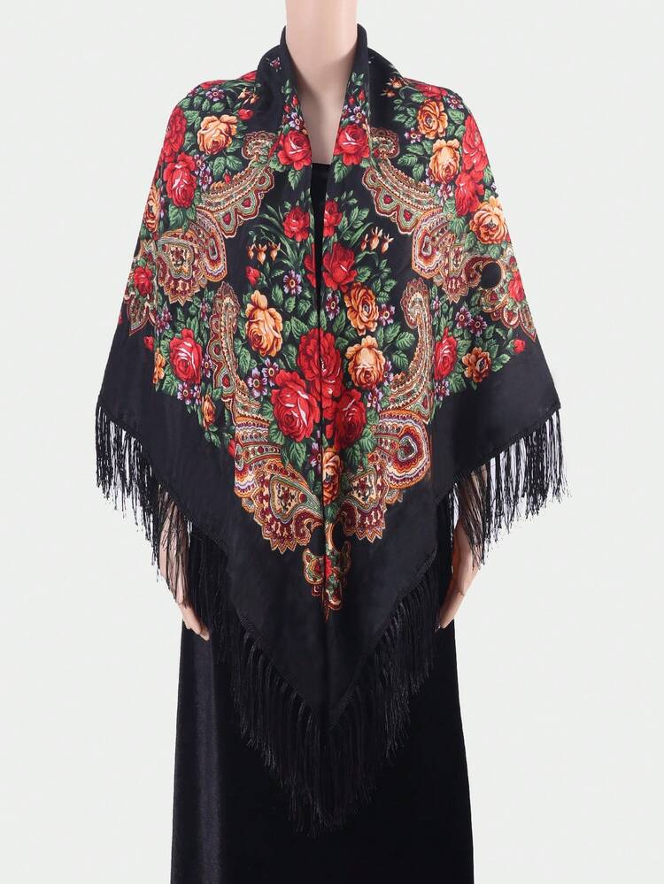 1pc Women's Autumn/Winter Bohemian Style Printed Square Scarf, Large Size Tassel Shawl Wrap Handkerchief, Multi-Scenario Use, Party Decoration Elegant Cape For Dress - Multicolor - View 12
