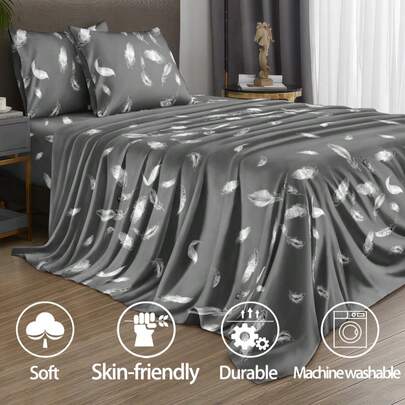 4 pièces Ensemble de literie à motif plume gris, ensemble de literie en microfibre douce avec motif floral (1 drap, 1 drap-housse, 2 taies d'oreiller), convient pour les lits Queen, King, Full et Twin, drap-housse à poche profonde jusqu'à 30 cm, taie d'oreiller jusqu'à 30 cm, doux et respirant, résistant aux froissures, style hôtel de luxe, excellent cadeau pour les parents et les amis