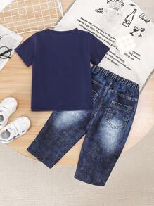 两件套男/女婴休闲字母印花短袖T恤和牛仔印花长裤套装，舒适轻便，适合夏季穿着